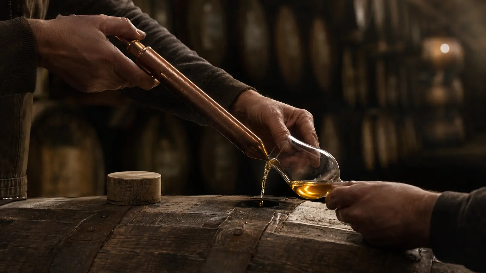 WCG specialist sampling whisky from a cask in a bonded warehouse
