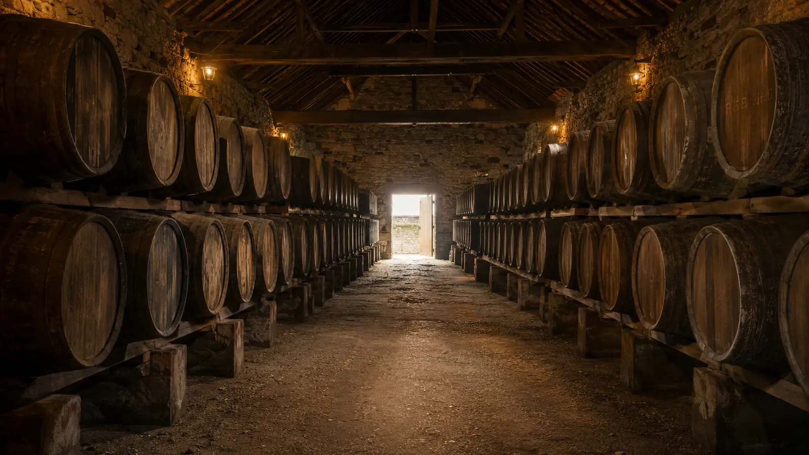 Long aisle of Scotch whisky casks in a dunnage warehouse