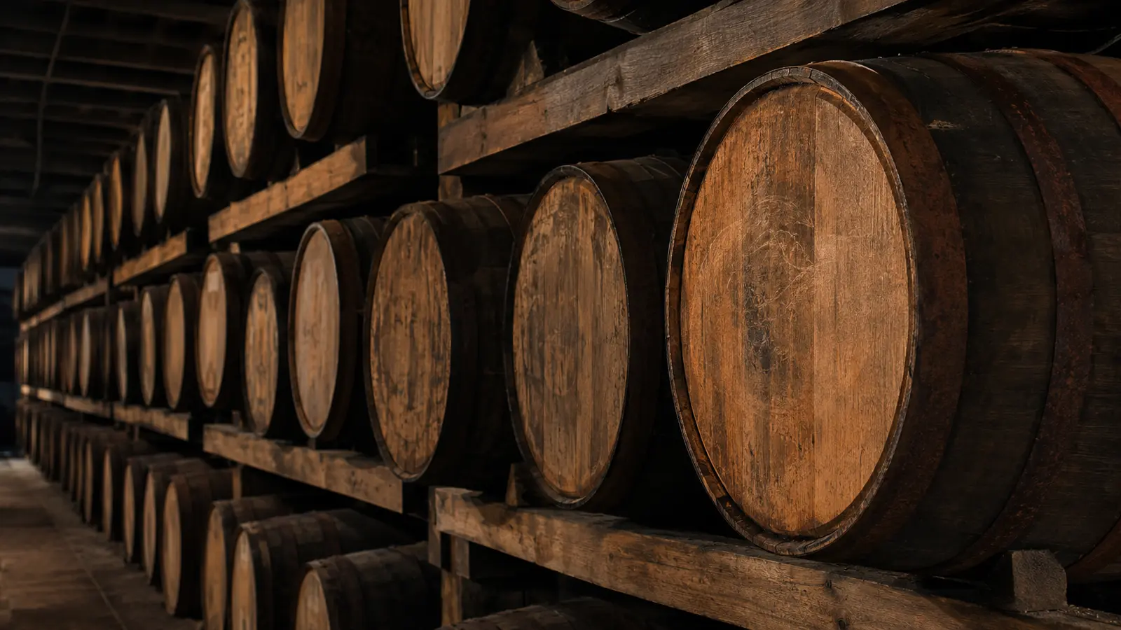 Stacked Scotch whisky maturation casks