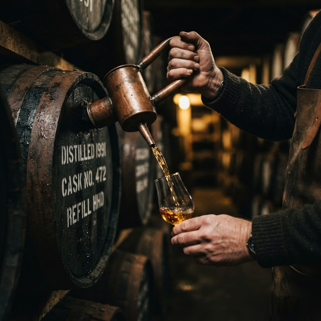 Whisky being sampled from a cask in a Scottish bonded warehouse