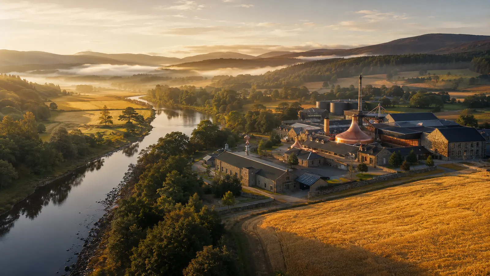 Speyside whisky country — misty river valley at dawn